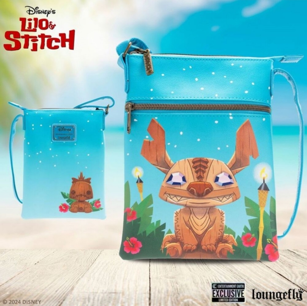 Disney Lilo and Stitch Carved Wood Tiki Stitch Passport Bag NWT